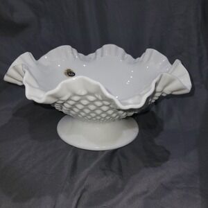 Fenton White Milk Glass Hobnail Ruffled Edge Footed Large Bowl Vintage